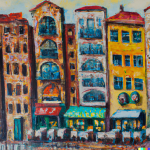 DALL·E 2023-08-30 19.49.39 - An oil painting of various buildings such as a restaurant, a corporate building and a cafe, showing the diversity of places in an artistic style